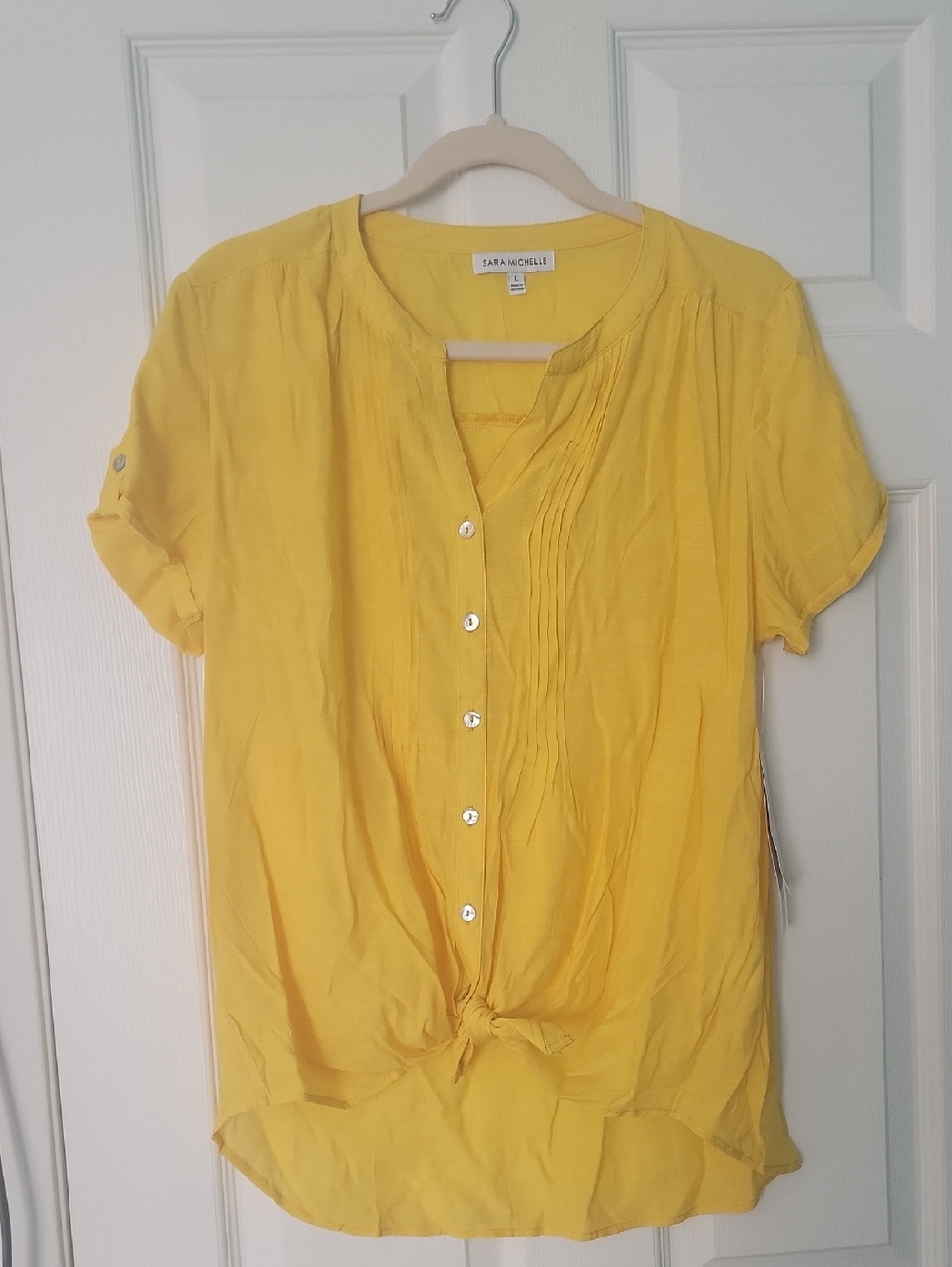 Sara Michelle Sunny Yellow Short-Sleeve Button Tie-Front Blouse